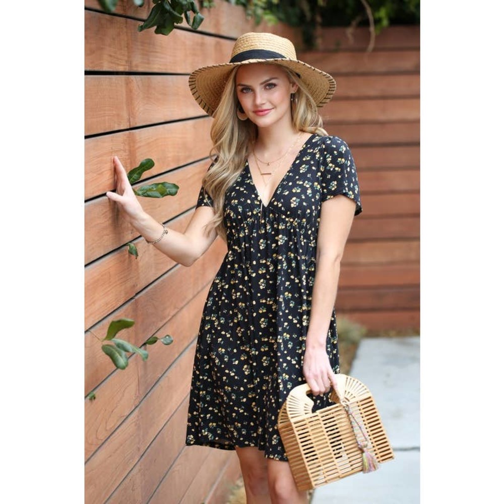 NWT BLACK FLORAL DEEP V NECK A LINE MINI DRESS